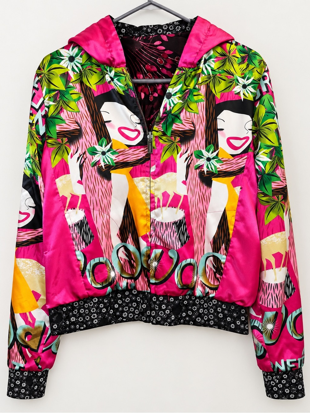 Custo Barcelona Reversible Floral Velvet Hooded Bomber Jacket - Pink & Black